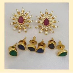 Ethnic Gold-Plated 4-in-1 Interchangeable Kundan Stud Earrings for Women | Floral Sunburst Design with Multi-Color