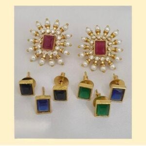 Women's Gold-Plated Interchangeable Kundan Stud Earrings with Multi-Color Stones and Pearl Border