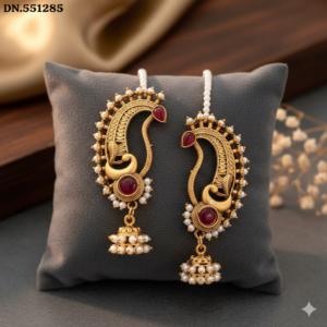 Traditional Antique Gold-Plated Peacock Ear Cuffs with Pearl Sahare Chains and Jhumka Drop (Pink/Kemp Stone)