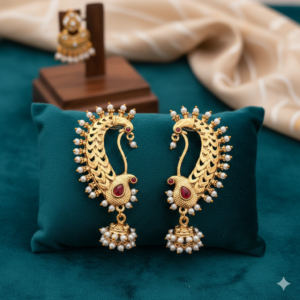 Traditional Peacock Ear Cuffs with Pearl Droplets and Ruby Accents (Kaan Earrings) for Women and Girls