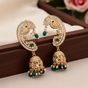 Gold-Plated Peacock Motif Ear Cuffs with Jhumka Latkans – Traditional Ethnic Antique Jewelry with Green Beads and American Diamond Accents for Women & Girls