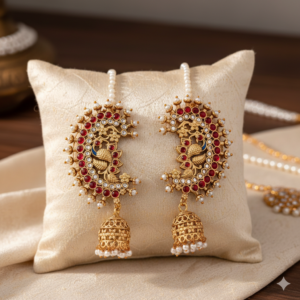 Vibrant Temple Jewellery Peacock Jhumka Earrings with Pearl Ear Chains (Sahare) – Traditional Kemp Stone Studded Earring Set for Women and Girls