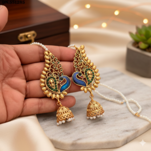 Traditional Peacock Jhumka Earrings with Pearl Sahare (Ear Chains) | Meenakari Enamel & Green Stone Studded Ethnic Jewelry for Women and Girls