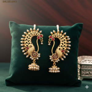 Traditional Peacock Ear Cuffs with Pearl Jhumka and Sahari Chains | Kemp Stone Studded Matt Finish Ear Muffs for Women & Girls