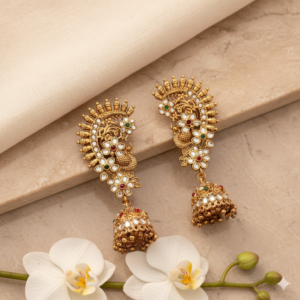 Traditional Gold-Plated Peacock Motif Ear-Cuffs with Kundan Work and Jhumka Drop (Gold & White)