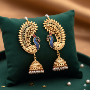 Traditional Peacock Kaan Chain Earrings with Jhumka | Bahubali Style Ear Muffs for Women & Girls | Meenakari Enamel Work with Pearl Accents