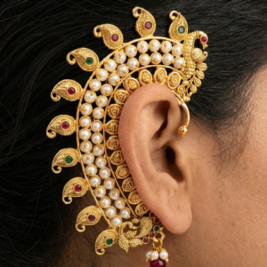 Traditional Gold Plated Full Ear Cuffs for Women | Pearl & Stone Studded Peacock Design Bahubali Earrings | Temple Jewellery Kaan Phool for Weddings & Festivals