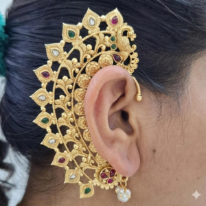 Traditional Matte Gold Plated Peacock Ear Cuffs for Women | Bahubali Style Pearl & Stone Temple Jewellery | Full Ear Earrings for Wedding & Festivals
