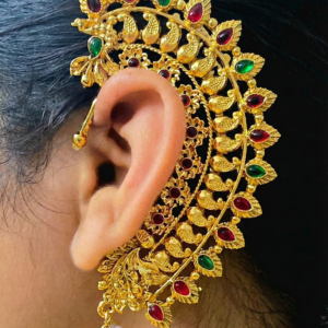 Traditional Gold Plated Temple Jewellery Ear Cuffs (Kaan Phool) for Women – Antique Finish Ruby & Green Stone Ear Wrap with Pearl Drop