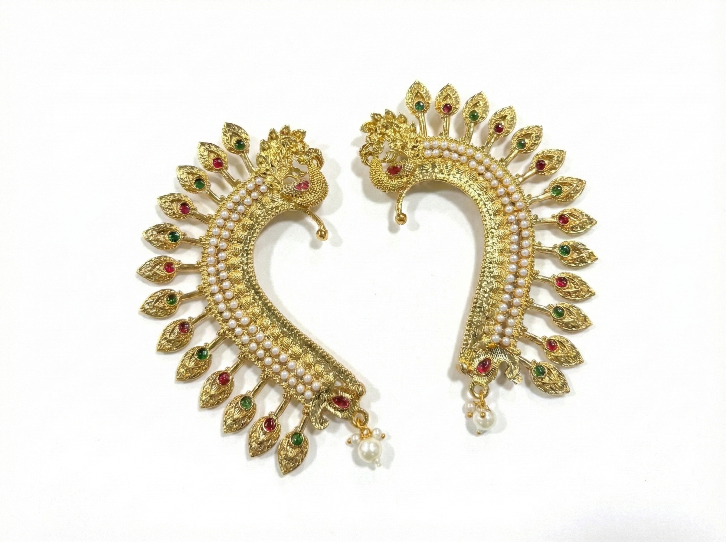 Traditional Temple Jewellery Pearl & Stone Studded Kaan Phool Earrings | Ethnic Party Wear & Wedding Accessories