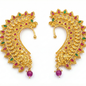 Traditional Gold Plated Ear Cuffs with Ruby & Emerald Stones | Ethnic Temple Jewellery Earrings for Women & Girls | Designer Kaan Phool for Weddings & Festivals