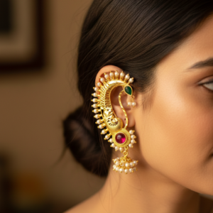 Traditional Maharashtrian Gold Plated Peacock Earcuffs with Jhumka & Pearls | Ethnic Full Ear Cuffs (Kaan Phool) for Women & Girls | Wedding & Festive Jewelry