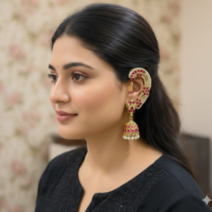 Traditional Gold Plated Ruby Pink Stone & Pearl Studded Ear Cuffs with Jhumka Earrings for Women & Girls | Ethnic Wedding & Party Wear Statement Jewellery