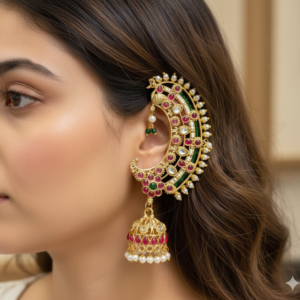 Traditional Bahubali Earcuffs with Meenakari Jhumka Earrings – Kundan & Ruby Red Stone Studded Ear-Wraps with Pearl Drops for Women and Girls