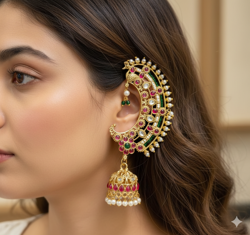 Traditional Bahubali Earcuffs with Meenakari Jhumka Earrings – Kundan & Ruby Red Stone Studded Ear-Wraps with Pearl Drops for Women and Girls