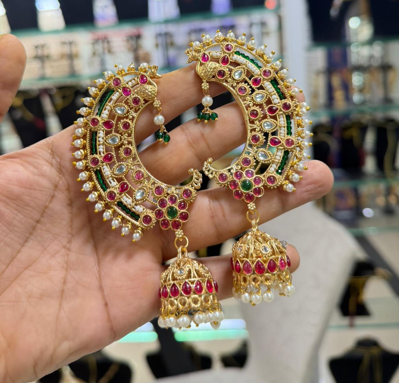 Traditional Bahubali Earcuffs with Meenakari Jhumka Earrings – Kundan & Ruby Red Stone Studded Ear-Wraps with Pearl Drops for Women and Girls - Image 2
