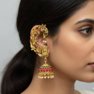 Vibrant Heritage Gold-Plated Temple Ear-Cuffs with Jhumka – Traditional Matte Gold Goddess Motif Ear-Wrap Earrings for Women and Girls