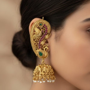 Traditional Gold-Plated Peacock Ear-Cuff Jhumka Earrings for Women | Temple Jewellery Ear-Wraps with Ruby & Emerald Stones and Pearl Droplets