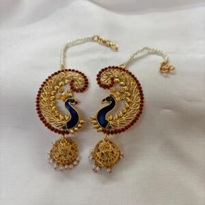 Traditional Peacock Kaan Chain Jhumka Earrings for Women | Ethnic Meenakari Ear-Cuffs with Pearl Saharas | Temple Jewelry for Weddings and Festivals (Blue & Red)