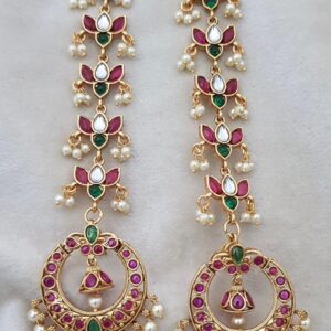 Traditional Matte Finish Kemp Stone Chandbali Earrings with Integrated Ear Patti (Kaan Chain) | Temple Jewellery Earrings for Women & Girls | Maroon & Green