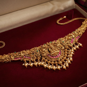 Intricate Goddess Lakshmi Motif Hip Belt with Kemp Stones & Pearl Droplets