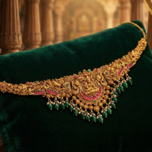 Adjustable Waist Chain with Ruby & Emerald Stones & Green Beads | South Indian Bridal Kamarbandh (Antique Finish)