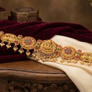 Adjustable Kamarbandh / Kamarpatta with Peacock & Goddess Motifs | Bridal & Festive Hip Belt with Pearls & Ruby-Green Stones