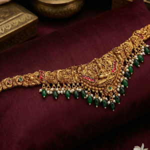 Adjustable Waist Chain with Red & Green Kemp Stones & Pearl Hangings | Ethnic Kamarbandh for Saree & Wedding (Free Size)