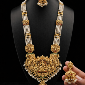 South Indian Temple Jewellery Long Haram Necklace Set with Goddess Lakshmi Pendant & Pearl Jhumka Earrings – Antique Gold Bridal Jewellery Set