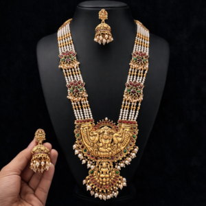 South Indian Temple Jewellery Long Haram Necklace Set with Lakshmi Pendant & Jhumka Earrings – Traditional Gold Plated Bridal Jewellery