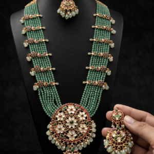 South Indian Temple Jewellery Long Haram Necklace Set with Green Beads & Kundan Pendant – Bridal Traditional Gold Plated Jewellery with Matching Jhumka Earrings