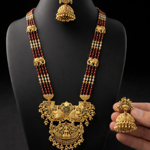 South Indian Temple Jewellery Long Haram Necklace Set with Jhumka Earrings – Traditional Nagas Lakshmi Gold Plated Bridal Jewellery – 3 Colour Variations
