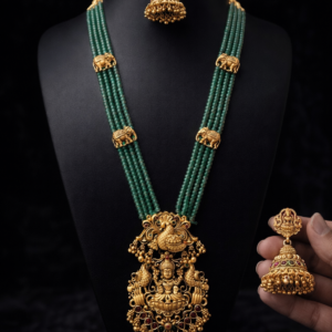 South Indian Temple Jewellery Long Haram Necklace Set with Goddess Lakshmi Pendant – Multi Layer Pearl Beads Mala with Jhumka Earrings (2 Colour Variations)