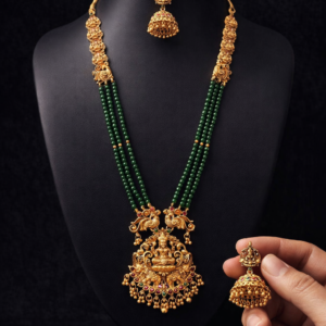 South Indian Temple Jewellery Lakshmi Long Haram Necklace Set with Green Beads & Jhumka Earrings