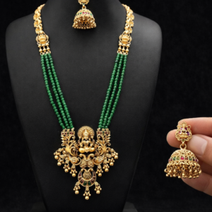 South Indian Temple Jewellery Long Haram Necklace Set with Green Beads & Lakshmi Pendant – Traditional Gold Plated Bridal Jhumka Set for Wedding & Festive Wear