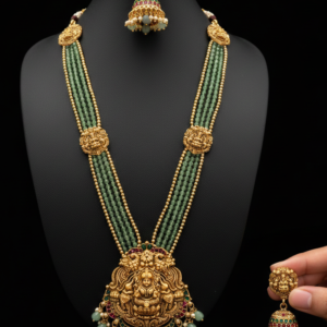 South Indian Temple Jewellery Long Haram Necklace Set with Lakshmi Pendant & Jhumka Earrings – Pearl White & Emerald Green Beads Traditional Bridal Set