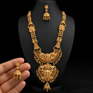 South Indian Temple Jewellery Long Haram Necklace Set with Lakshmi Pendant & Jhumka Earrings – Traditional Antique Gold Bridal Jewellery
