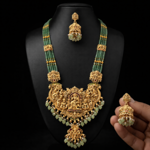Premium South Indian Temple Jewellery Long Haram Necklace Set with Jhumka Earrings – Antique Gold Finish Lakshmi Pendant with Green Beads Bridal Wedding Jewellery
