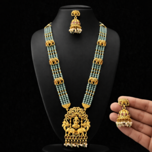 South Indian Temple Jewellery Long Haram Necklace Set with Jhumka Earrings – Antique Gold Lakshmi Elephant Pendant Bridal Set – Pearl & Mint Bead Nagas Design (2 Colour Variations)