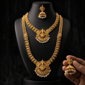 South Indian Nagas Temple Jewellery Long Haram Necklace Set with Jhumka Earrings – Antique Gold Plated Bridal Jewellery