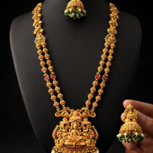 South Indian Temple Jewellery Long Haram Necklace Set with Lakshmi Pendant & Jhumka Earrings – Traditional Antique Gold Nagas Design