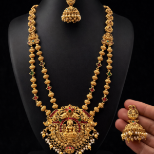 South Indian Temple Jewellery Long Haram Necklace Set with Jhumka Earrings – Lakshmi Pendant Bridal Gold Plated Nagas Design