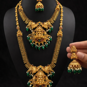 South Indian Temple Jewellery Long Haram Necklace Set with Lakshmi Pendant & Jhumka Earrings – Bridal Gold Plated Nagas Design