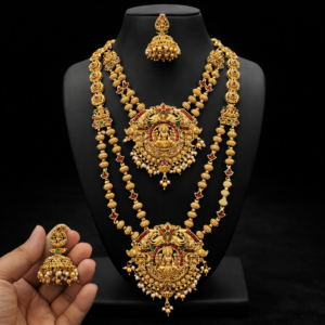 South Indian Temple Jewellery Combo Necklace Set – Long Haram & Short Lakshmi Pendant Necklace with Jhumka Earrings