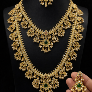 Traditional South Indian Guttapusalu Combo Necklace Set with Emerald & Ruby Stones | Temple Jewellery Long Haram Set with Jhumka Earrings
