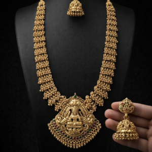 South Indian Temple Jewellery Lakshmi Long Haram Necklace Set with Jhumka Earrings