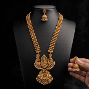 South Indian Temple Jewellery Long Haram Necklace with Lakshmi Pendant