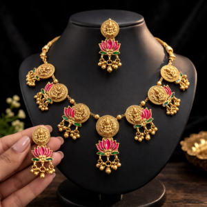 South Indian Temple Jewellery Lakshmi Coin & Pink Lotus Long Haram Necklace Set with Matching Earrings