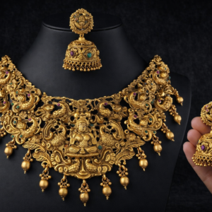 South Indian Temple Jewellery Goddess Lakshmi Antique Bridal Choker Necklace Set with Jhumka Earrings