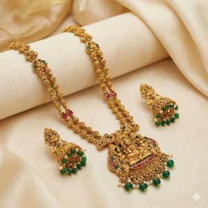 Traditional South Indian Antique Gold Plated Goddess Lakshmi Temple Jewellery Set | Long Haram Necklace with Matching Jhumka Earrings